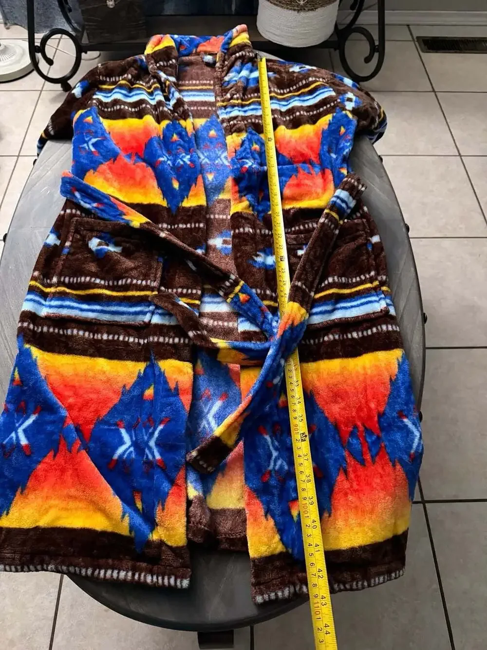 Southwestern Aztec Print Plush Fleece Hooded Bathrobe with Belt and Pockets